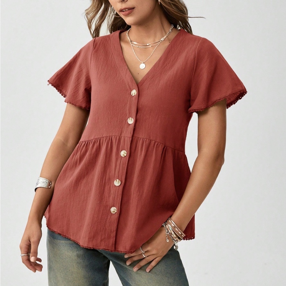 Cotton Burnt Orange Short Sleeve Shirt Button Down V-Neck